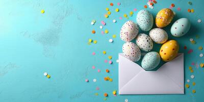Colorful Easter eggs spilling from a white envelope on a vibrant blue background with confetti scattered around photo
