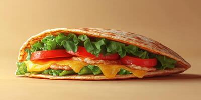 Freshly made wrap filled with lettuce, tomatoes, and cheese served on a clean background photo
