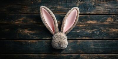 Cute rabbit ears designed in a playful style resting on a rustic wooden surface for festive celebrations photo