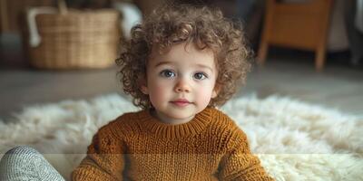 Curly-haired child sits on fluffy rug in cozy living room with natural light photo