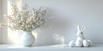 White vase with flowers and decorative rabbit on shelf in bright, minimalist interior photo