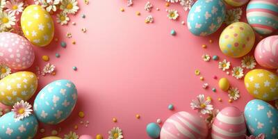 Colorful Easter eggs and flowers arranged on pink background for festive decoration photo