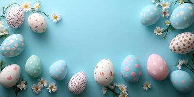 Colorful decorated Easter eggs arranged on a turquoise background with daisy flowers enhancing the festive atmosphere of spring celebration photo