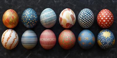 Colorful decorated eggs arranged in a line on a dark surface for a festive celebration during spring season photo