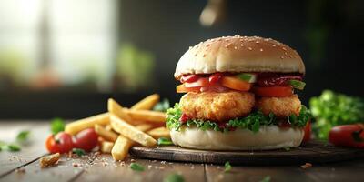Delicious chicken burger served with crispy fries on a wooden board in a cozy indoor setting photo