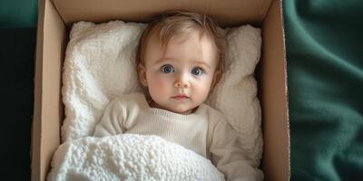 Infant resting comfortably in a cozy cardboard box lined with soft blankets on a green surface photo