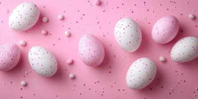 Colored eggs and candy scattered on a pink background for festive celebrations during springtime photo
