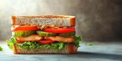 Delicious sandwich featuring grilled chicken, fresh vegetables, and toasted bread served on a rustic countertop photo