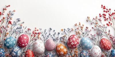Colorful decorated Easter eggs arranged with branches and flowers during a festive spring celebration photo