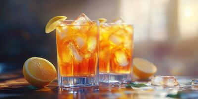 Refreshing iced tea with lemon served in clear glasses on a sunny afternoon in a cozy setting photo