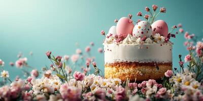 Festive cake decorated with colorful eggs and flowers in a springtime setting photo