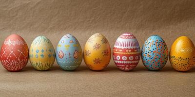 Colorful decorated eggs arranged beautifully on a neutral background celebrating spring festivities photo