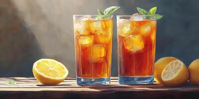 Refreshing iced tea with lemon served in tall glasses on a wooden table in a warm setting photo