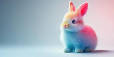 Cute fluffy rabbit with pastel colors sitting on a smooth surface in a softly lit setting photo