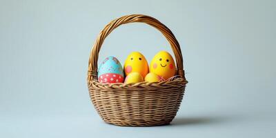Colorful Easter eggs in a wicker basket create a festive ambiance for spring celebrations photo