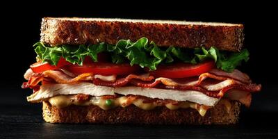 Delicious turkey and bacon sandwich with fresh lettuce and tomato on whole grain bread photo