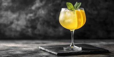 Refreshing yellow cocktail garnished with mint and citrus on a dark slate backdrop photo