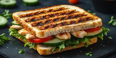 Delicious grilled chicken sandwich prepared with fresh vegetables and toasted bread for a satisfying meal photo