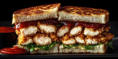 Crispy chicken sandwich with fresh lettuce and sauce on toasted bread served on a dark plate photo