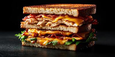 Delicious triple-layer sandwich stacked with crispy bacon, melted cheese, and fresh greens on toasted bread photo