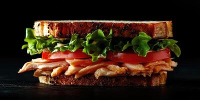Delicious turkey sandwich with fresh lettuce and tomato on toasted whole grain bread against a dark background photo
