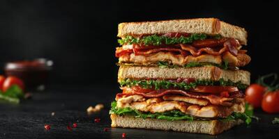 Layered chicken sandwich with bacon, lettuce, and tomato on whole grain bread against a dark background photo