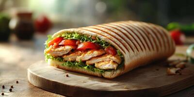 Delicious grilled chicken sandwich with fresh vegetables served on a wooden board in a cozy kitchen photo