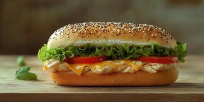 Freshly made chicken sandwich with lettuce, tomato, and cheese on a wooden table perfect for a quick meal photo