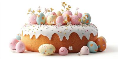 Colorful spring cake decorated with pastel eggs and flowers for a festive celebration photo