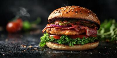 Delicious grilled chicken burger with bacon, lettuce, and tomato on a sesame bun in a dark setting photo
