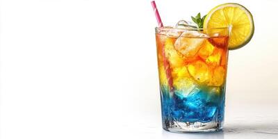 Colorful layered drink with ice and a lemon slice garnished on a bright background photo
