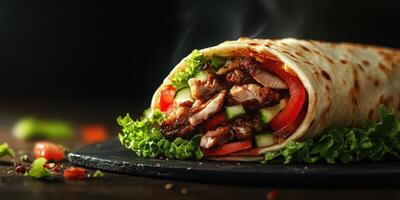 Grilled chicken wrap with fresh vegetables served on a stone plate in a cozy setting, perfect for a casual meal photo