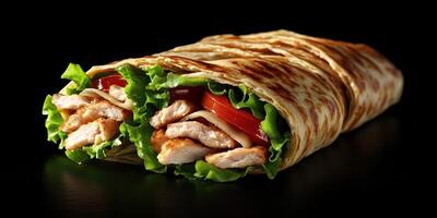 Delicious wrap filled with grilled chicken, fresh lettuce, and ripe tomatoes, perfect for a quick meal photo