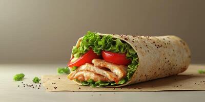 Fresh chicken wrap with lettuce and tomatoes presented on a light background photo