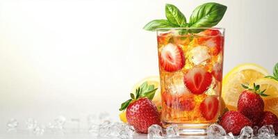 Refreshing summer drink garnished with strawberries and basil on a bright background photo
