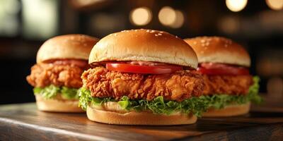 Crispy chicken sandwiches served with fresh lettuce and tomato on a wooden table in a cozy restaurant setting photo