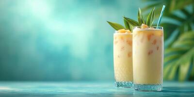 Refreshing tropical drinks served in tall glasses with vibrant garnishes on a turquoise background photo