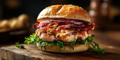 Delicious gourmet chicken burger topped with crispy bacon and fresh vegetables on a wooden table photo