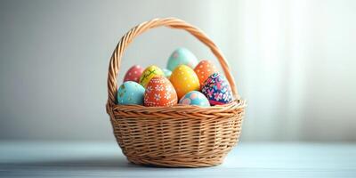 Brightly colored Easter eggs in a wicker basket on a light surface ready for the spring celebration photo