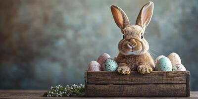 Cute bunny with pastel eggs in a wooden box during springtime celebration photo