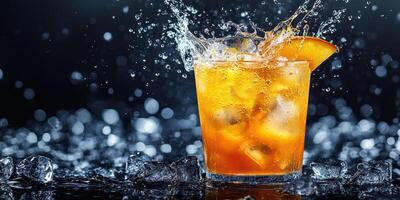 Refreshing cocktail with splash on a dark background during a summer evening photo