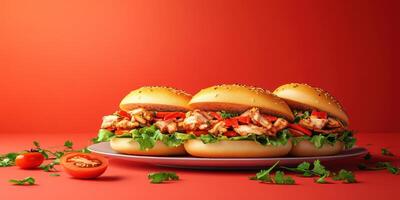 Deliciously stacked chicken sandwiches with fresh vegetables on a vibrant backdrop photo