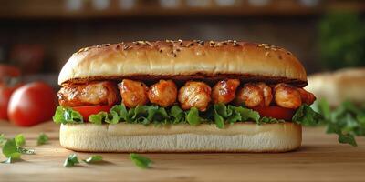Delicious grilled chicken sandwich with fresh lettuce and tomatoes served on a toasted bun photo