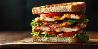 Mouthwatering grilled chicken sandwich stacked with fresh vegetables on toasted bread served in a rustic setting photo