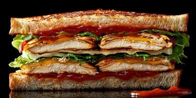 Delicious triple-layer grilled chicken sandwich with melted cheese and fresh lettuce photo