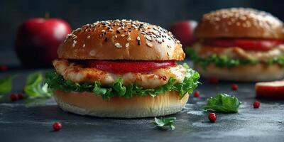 Delicious chicken burger with fresh lettuce and tomatoes on a dark surface surrounded by fresh apples photo