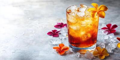 Refreshing tropical cocktail with ice and vibrant flowers on a textured surface in a bright setting photo