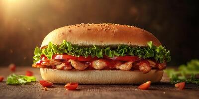 Delicious grilled chicken sandwich with fresh vegetables on sesame seed bun in warm lighting photo
