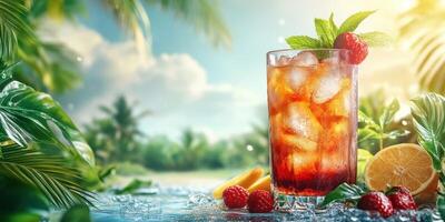 Refreshing summer drink by the tropical poolside under bright sunlight with garnishes and fruits photo