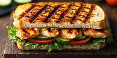 Grilled chicken sandwich with fresh vegetables served on toasted bread at a casual restaurant photo